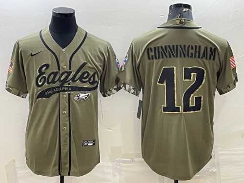 Mens Philadelphia Eagles #12 Randall Cunningham Olive 2022 Salute To Service Cool Base Stitched Baseball Jersey